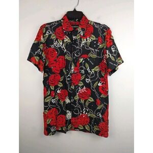 Reason Brand Mens Small Black Red Floral Rose Short Sleeve Button-Up Shirt Skull